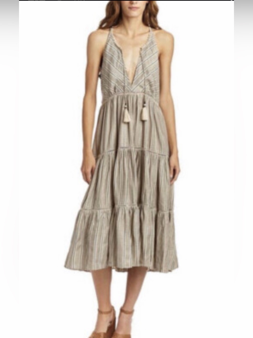 ✨ Sold at Anthropologie✨ -Striped Tiered Midi Dress with Tassel Tie in Beige